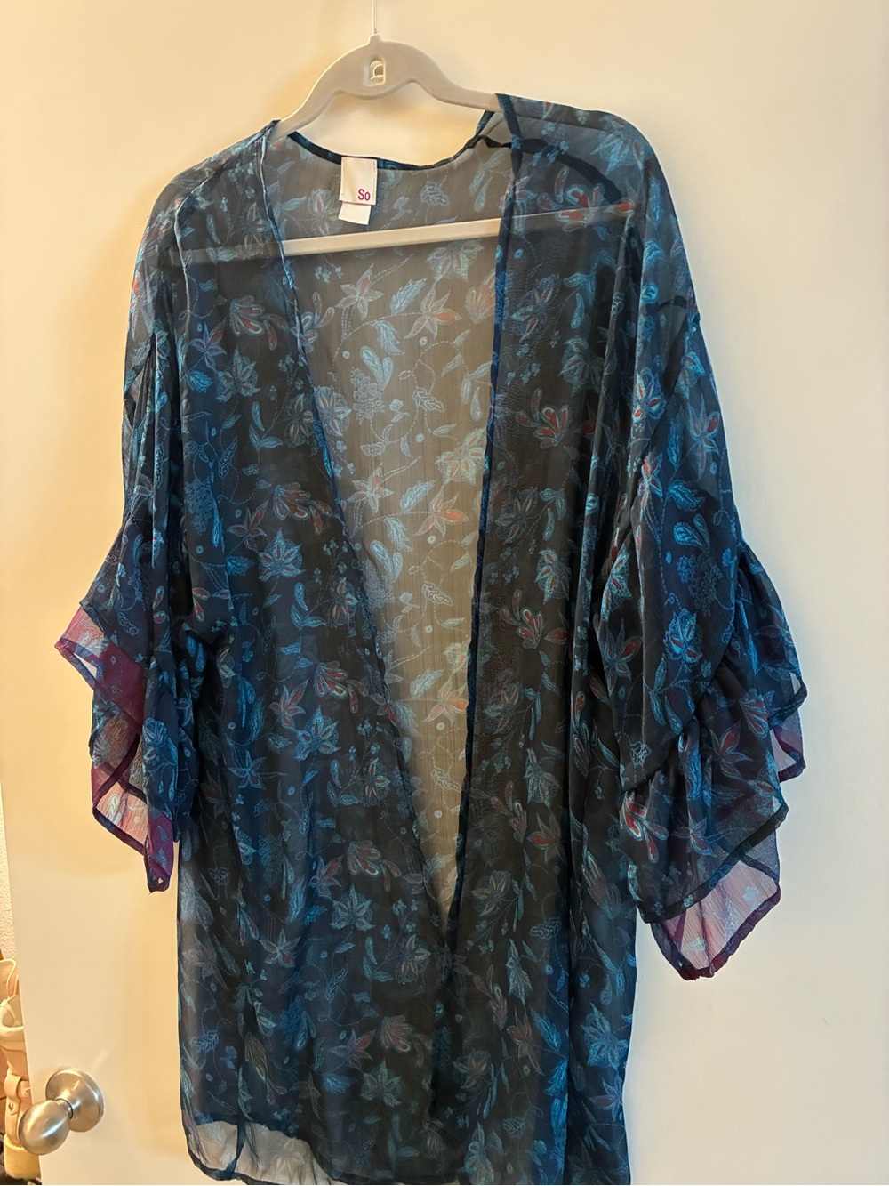 SO Sheer Floral Open-Front Kimono in Navy with Teal Accents